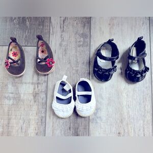 Set of 3 pairs of baby girl’s shoes: brown-newborn, white-size 1, black-size 2
